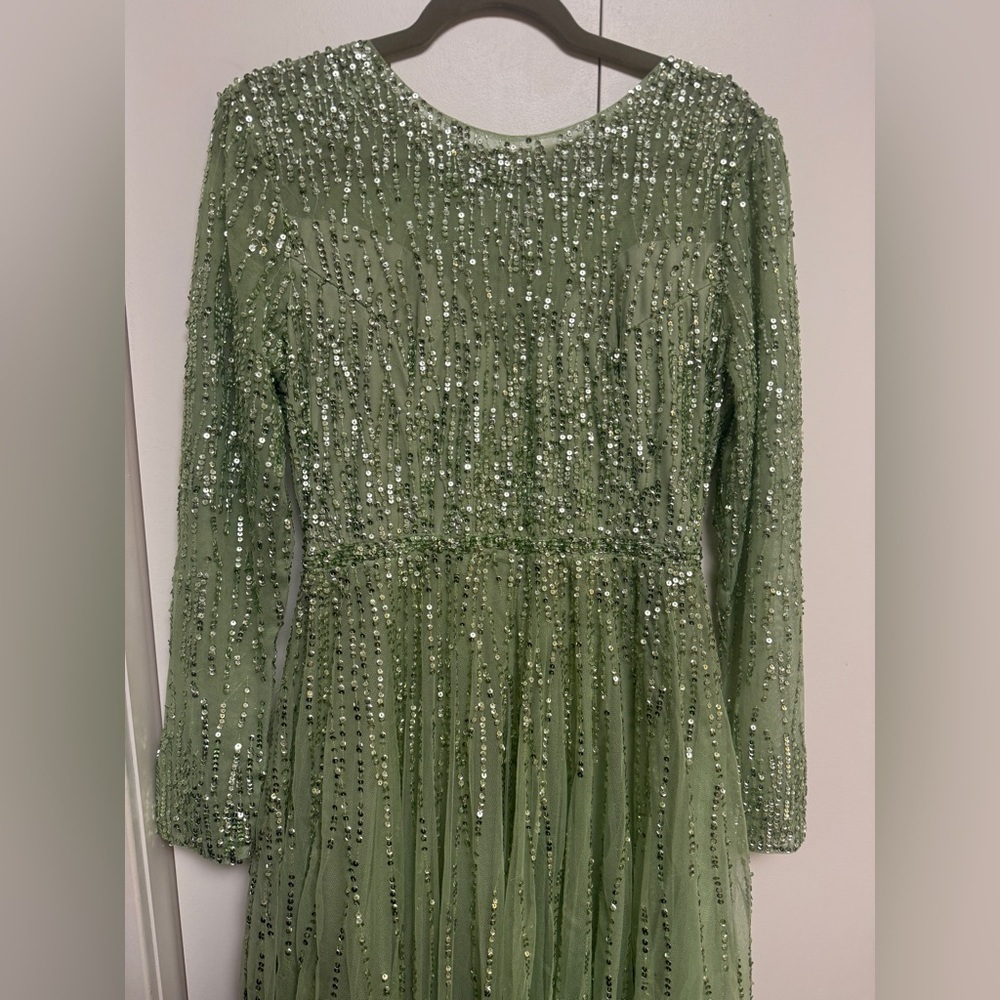 NWT| 5636 Sage Green Illusion High Neck Long Sleeve Embellished Gown Size 10 - Picture 8 of 15
